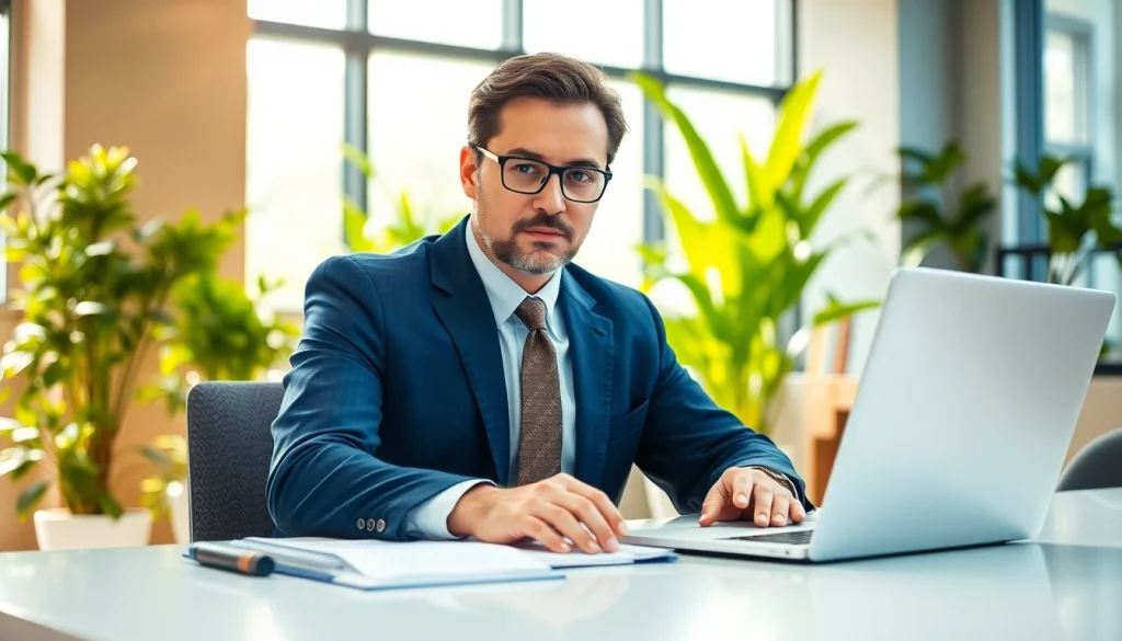 Environmental lawyer actively discussing sustainability options with clients in a modern office.