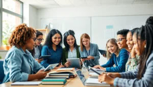 Education collaboration in a modern classroom with diverse educators and students.