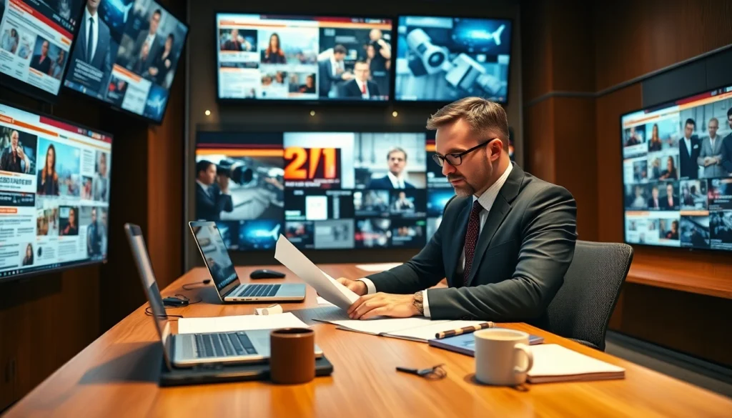 Journalist at a desk using https://www.todayville.com for news writing in a modern, professional setting.