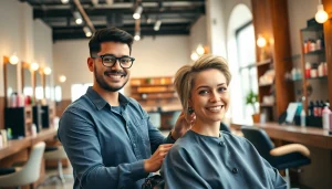 Hairstylist bucuresti oferind o tunsoare modernă într-un salon elegant.