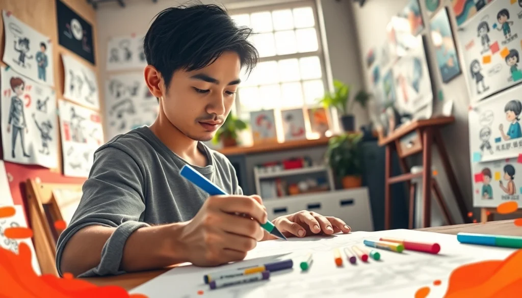 무료웹툰을 창작하는 아티스트의 작업 과정을 보여주는 이미지