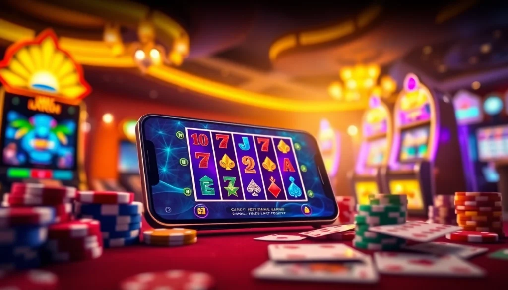 Naga169 mobile gaming experience with vibrant slot interface surrounded by casino elements.