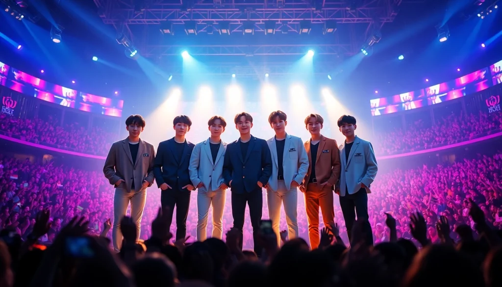 BTS members performing energetically on stage with vibrant lights and cheering fans.