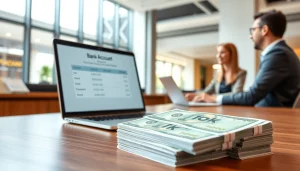 Mengelola deposit 1k dalam suasana profesional di bank dengan uang dan laptop.