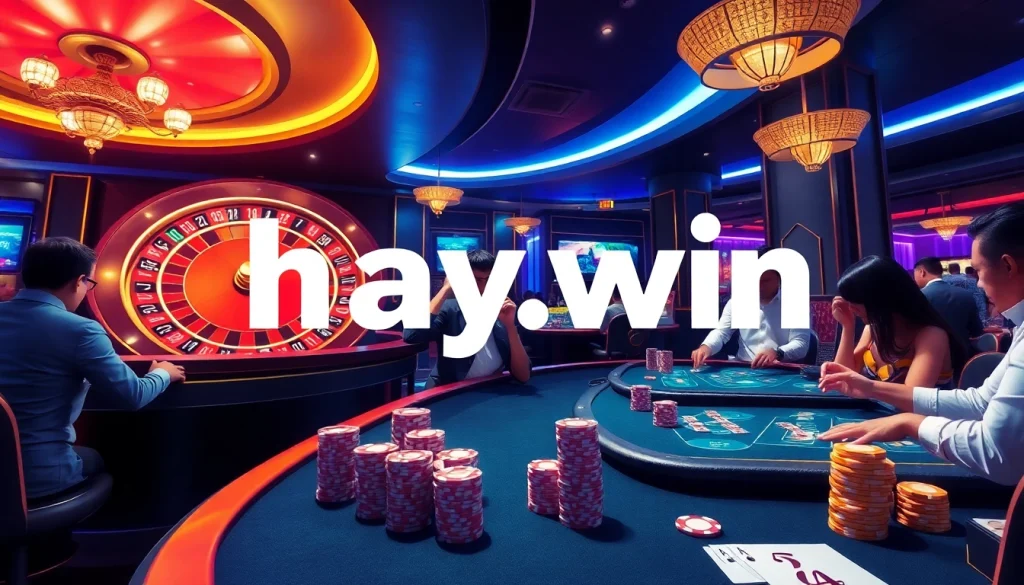 Experience the thrill at hay.win with lively poker games and vibrant roulette wheels in a luxurious casino setting.