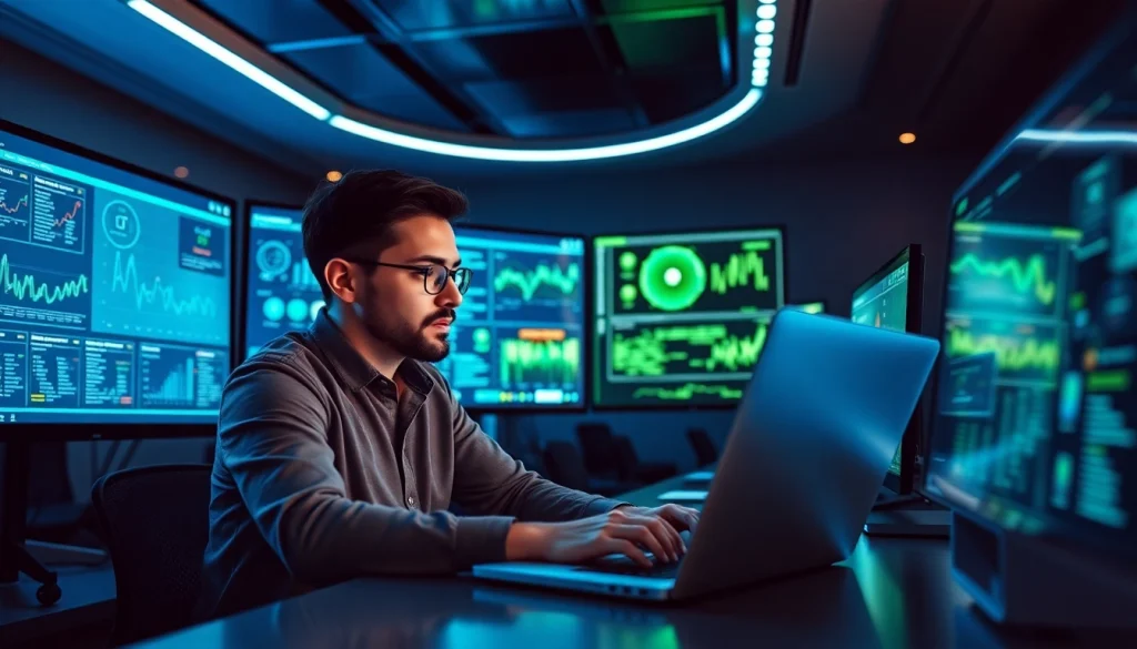 Cybersecurity AI workspace with data visualizations, innovative tools, and a professional atmosphere.