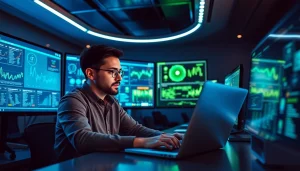 Cybersecurity AI workspace with data visualizations, innovative tools, and a professional atmosphere.