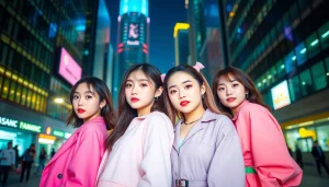 The blackpink members posing in a vibrant city backdrop, showcasing their unique styles.