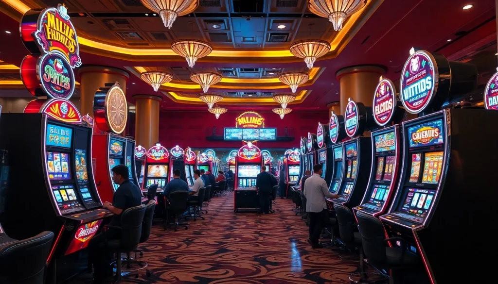 Mostbet onlayn oyunlar üçün rəngarəng slot maşınları ilə dolu canlı kazino görüntüsü.