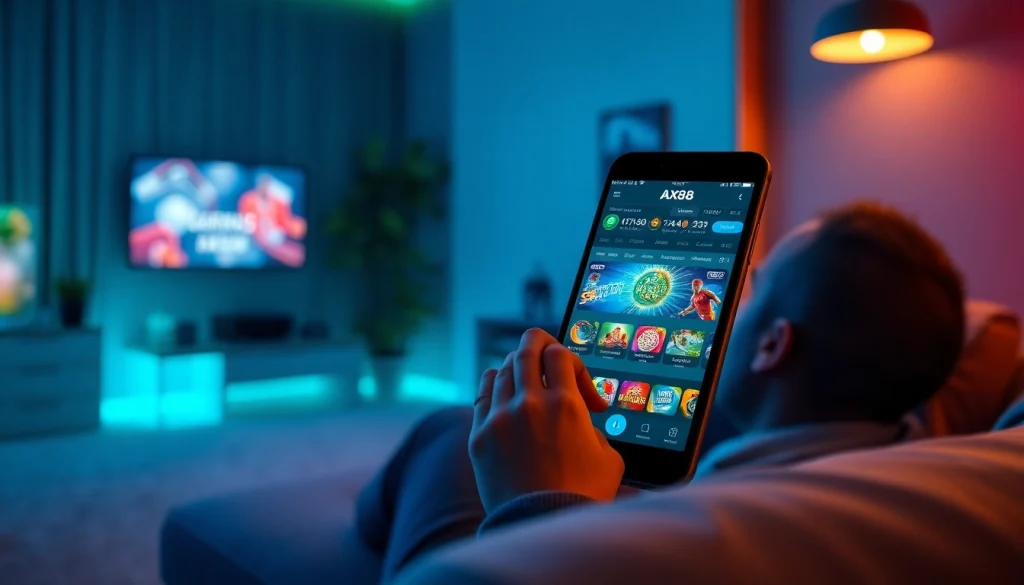 Trải nghiệm ứng dụng AX88 trong bầu không khí chơi game hiện đại, thể hiện giao diện và đồ họa sống động.