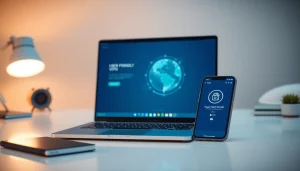 笔记本和智能手机上的快连VPN界面，强调安全、全球化的连接。