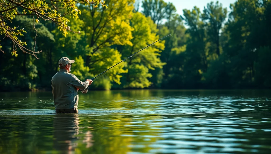 Angler performing fly fishing for bass in a tranquil lake setting with green reflections.