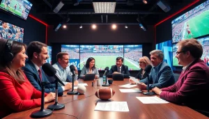 Sports Broadcasting commentators engaging viewers in a lively studio setting
