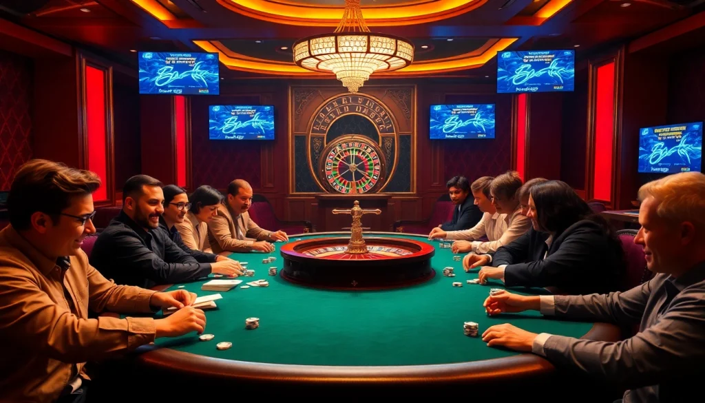 Rasakan kegembiraan situs deposit 5k dengan suasana kasino yang meriah menampilkan poker dan roulette.