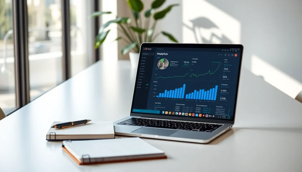 Kreatives Büro-Setup mit Laptop, der boughts Daten anzeigt, für dynamische Arbeit.