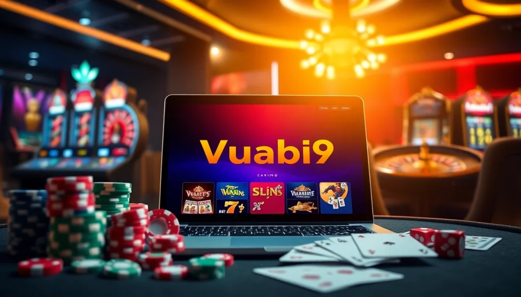Vuabai9 online casino excitement with poker chips, dice, and a roulette wheel.