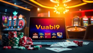 Vuabai9 online casino excitement with poker chips, dice, and a roulette wheel.