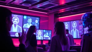 Immersive nsfw ai chatbots engaging users in a futuristic lounge setting