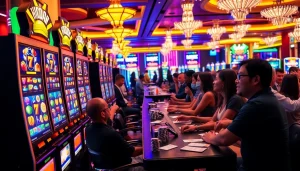 Pemain merayakan kemenangan di mesin slot Depo Pulsa dalam suasana kasino yang hidup.