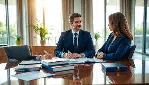 Miami-Dade County litigation Lawyer confidently consults with a client in a professional office.