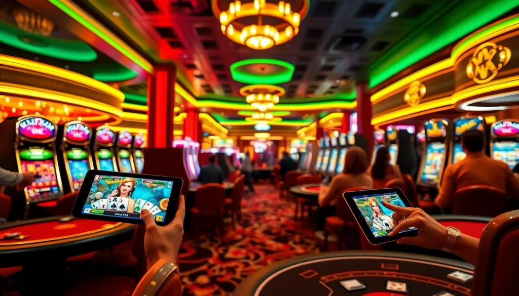 Players enjoying a mobile porn game in a vibrant casino atmosphere with slots and poker tables.