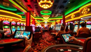 Players enjoying a mobile porn game in a vibrant casino atmosphere with slots and poker tables.