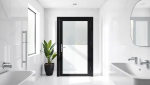Stylish shower door black frame enhancing a modern bathroom's elegance and brightness.