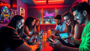 Engaging scene of diverse young adults enjoying mobile porn games in a vibrant gaming lounge.