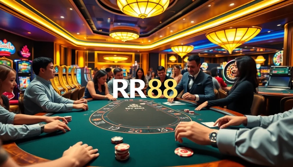 RR88 logo featured prominently in a lively casino scene with poker action.