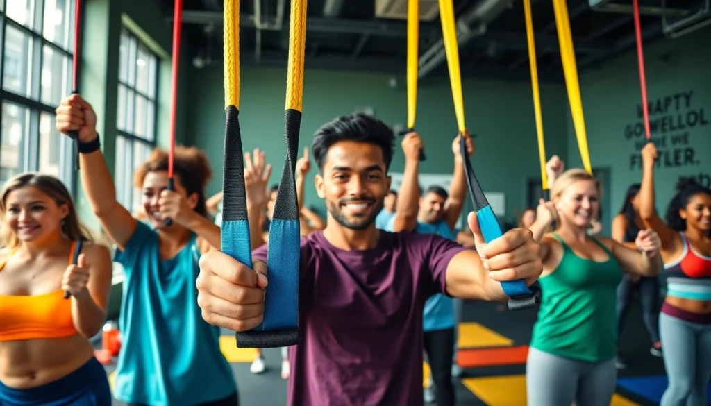 Group workout with pull-up resistance bands in a modern gym atmosphere, highlighting fitness and determination.