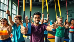 Group workout with pull-up resistance bands in a modern gym atmosphere, highlighting fitness and determination.