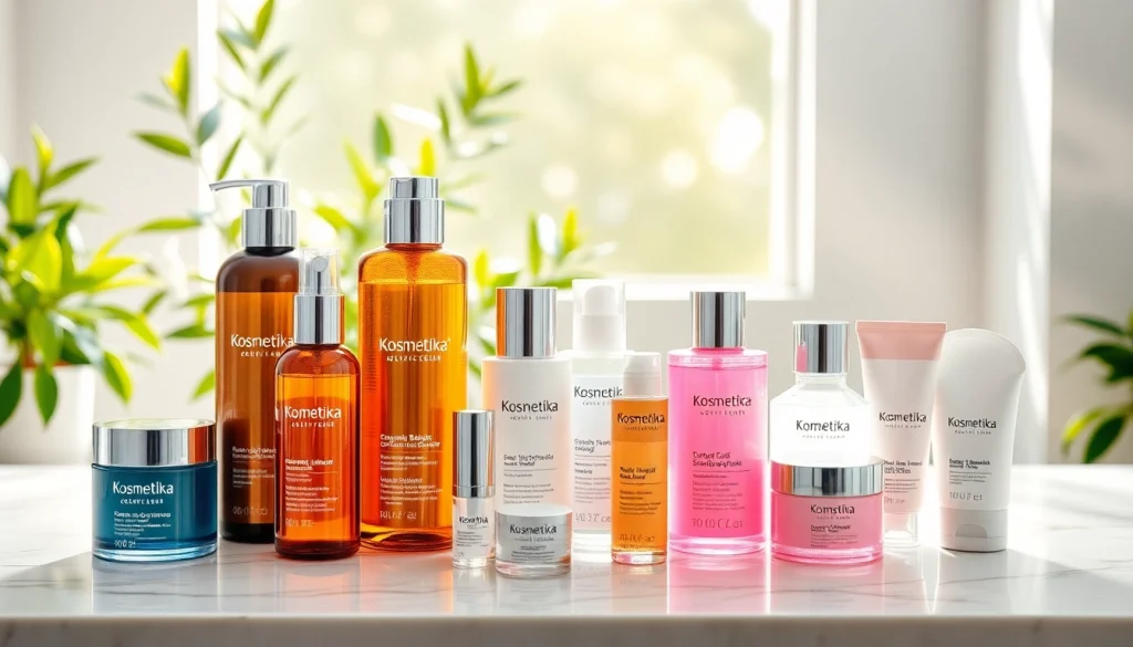 Kosmetika produktai patraukliai išdėstyti ant marmurinio stalviršio, sukuriant kviečiantį grožio jausmą.
