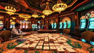 Para pemain menikmati permainan link mahjong yang kompetitif di kasino yang hidup, menyoroti keseruan berjudi.