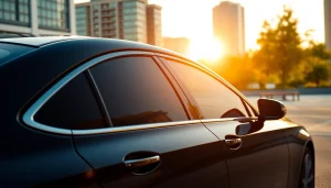 Apply ceramic window tint on a sleek vehicle, showcasing its glossy finish and reflections.