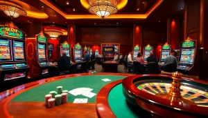 Engage with slot depo pulsa at vibrant casino tables featuring colorful chips and exciting slot machines.