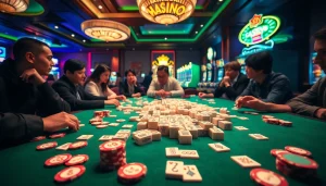 Engage with link mahjong tiles in a vibrant casino gaming scene.