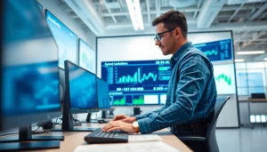 Engineer reviewing das 140 data in a modern office setting.