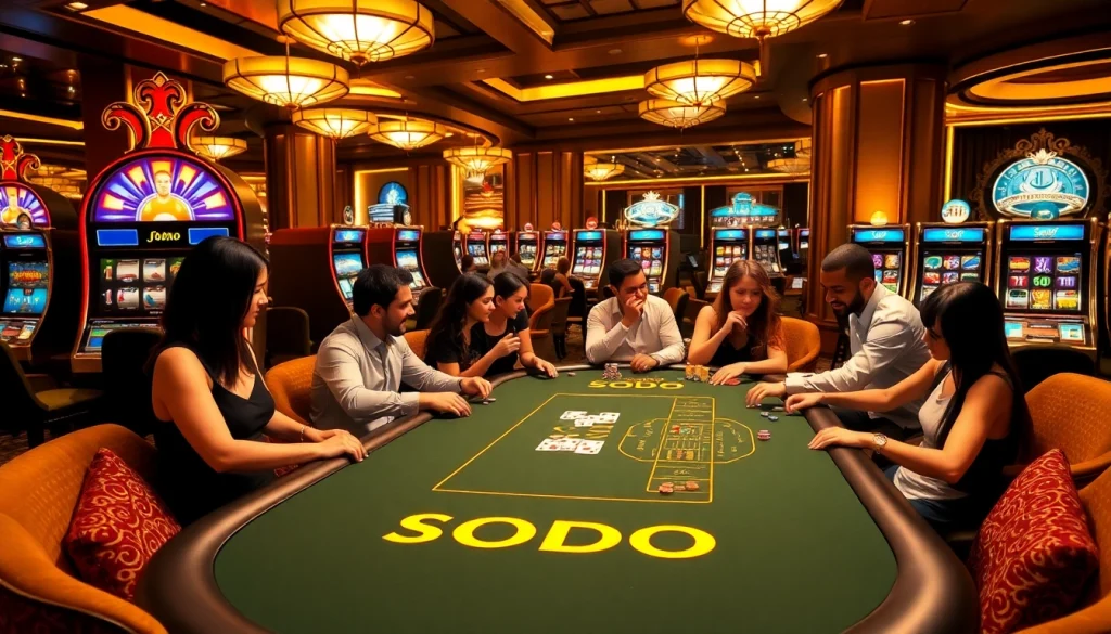 SODO casino players strategizing over an exciting poker game with vibrant slot machines in the background.