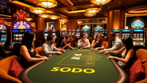 SODO casino players strategizing over an exciting poker game with vibrant slot machines in the background.