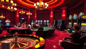 KJC MM88 players celebrating at a luxurious casino table with poker chips and a roulette wheel.