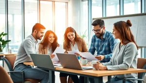 专业人士在明亮现代的办公室环境中使用 WPS Office 协作。