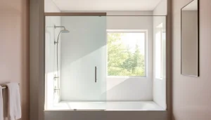 Shower screen door displaying modern elegance in a bright, stylish bathroom