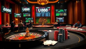 Experience thrilling gameplay at U 888's stunning casino tables with dynamic visuals and vibrant atmosphere.