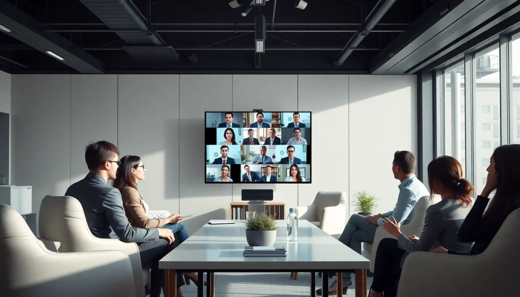Business professionals collaborating on a video call about 출장 in a modern office environment.