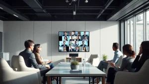 Business professionals collaborating on a video call about 출장 in a modern office environment.