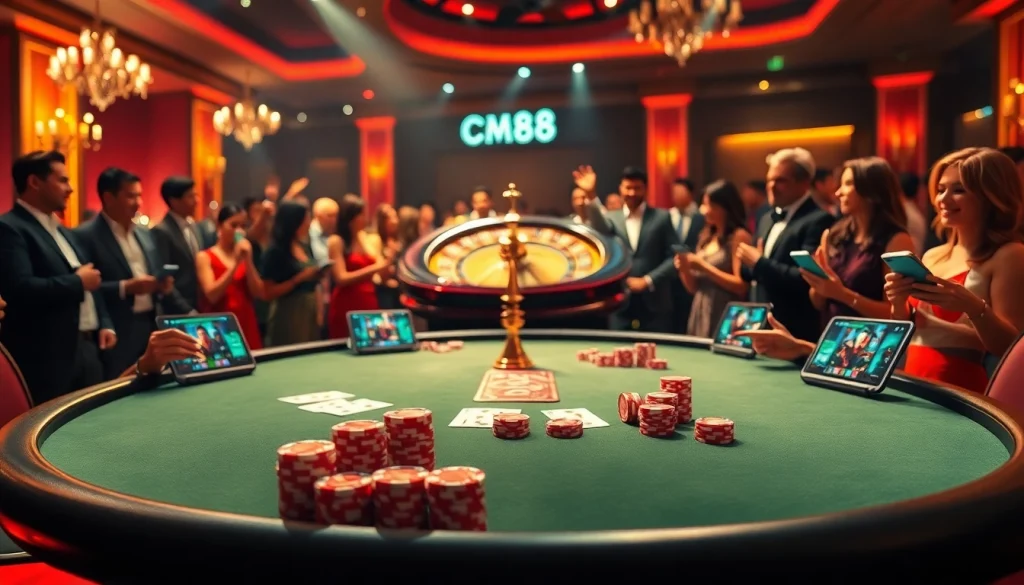 Players enjoying a thrilling game at the cm88 casino table with vivid poker chips and cards.