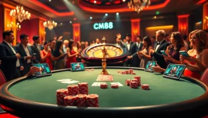 Players enjoying a thrilling game at the cm88 casino table with vivid poker chips and cards.