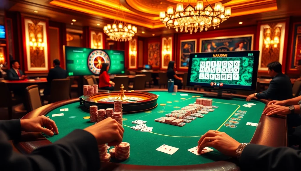 Players strategizing at a poker table while enjoying link mahjong game in a vibrant casino setting.