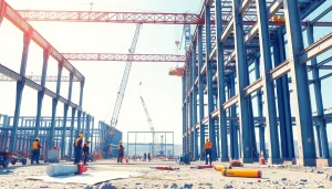 Workers engaged in structural steel construction on a bright day, showcasing teamwork and innovation.