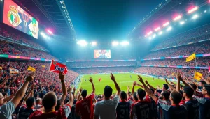 مشهد مباراة كرة قدم مثير يبرز تجربة البث المباشر لـ koora tv مع تشجيع الجماهير في الملعب.